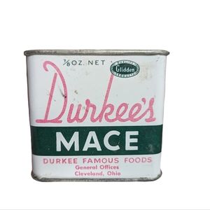 Vintage 1950's Durkee’s Mace Spice Tin 7/8 oz White Green 2 1/8" Inches Full